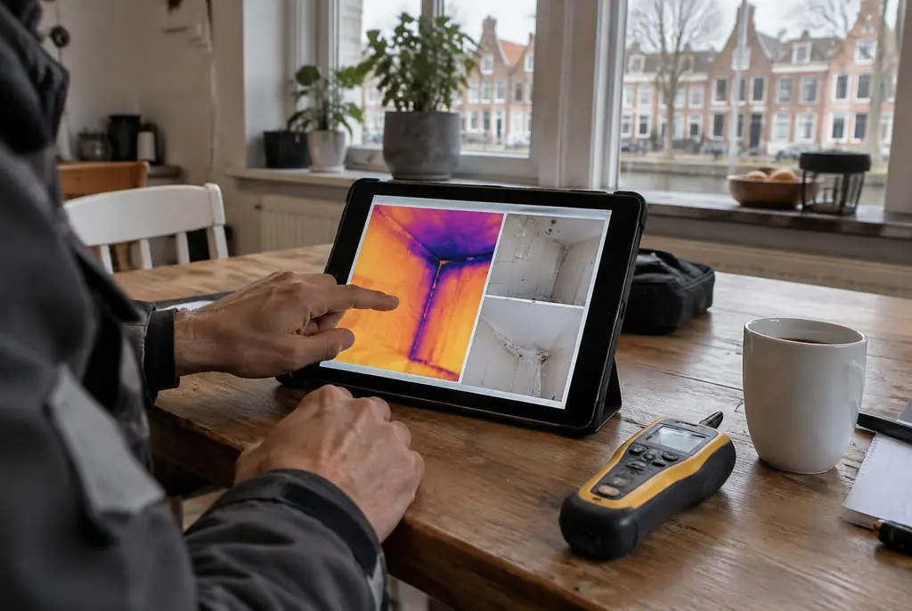 Lekdetectie Wekerom – lekdetectierapport met warmtebeelden en foto's op een tablet
