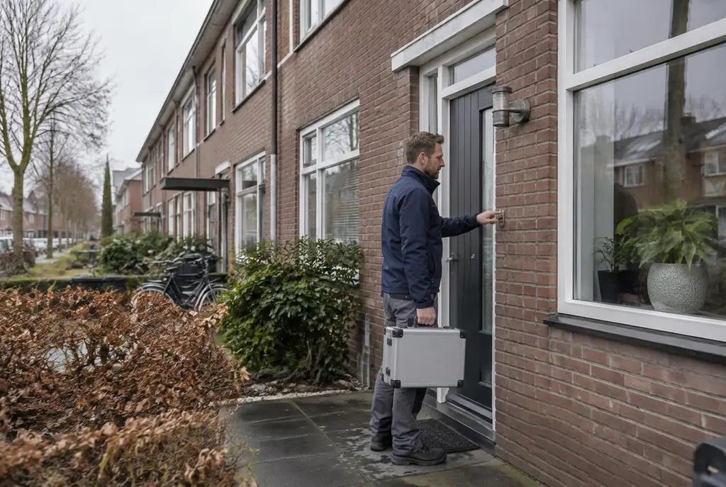 Lekdetectiespecialist met meetkoffer bij de voordeur van een woning in Wekerom